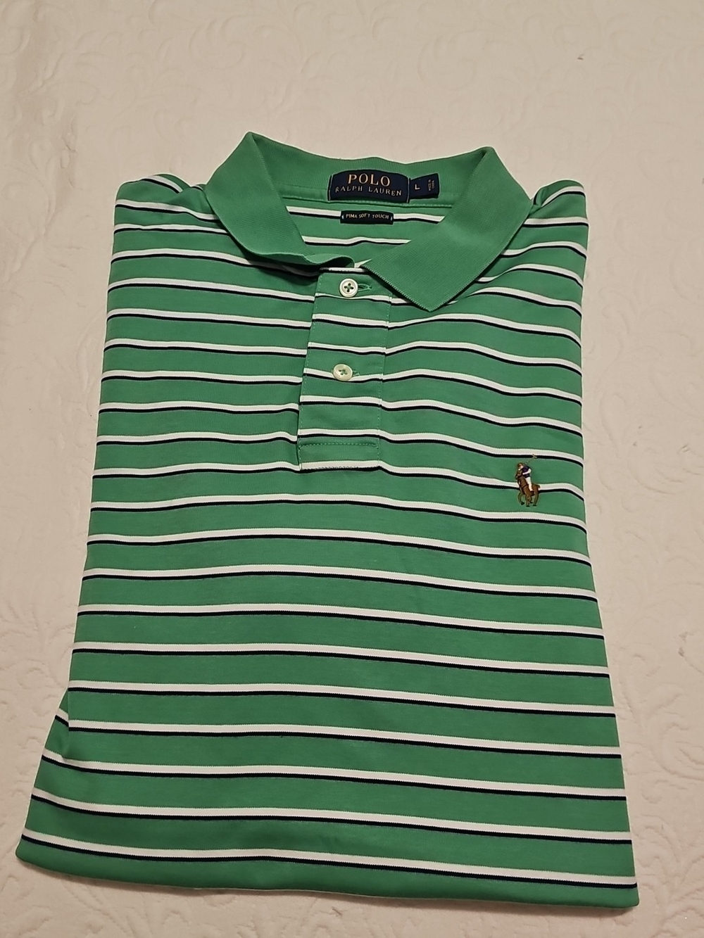 Polo by Ralph Lauren Green Stripe Cotton Polo Shirt with White & Navy Lines